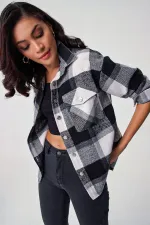 3854 Plaid Pattern Double Pocket Shirt - Black
