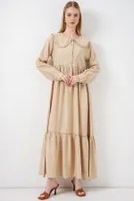 Kadın Bebe Yaka Uzun Tesettür Elbise 2592 - Bej