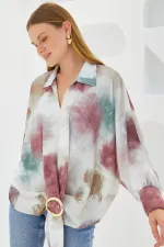 Kadın Gül Kurusu Ekru Oversize Dökümlü Saten Gömlek 907
