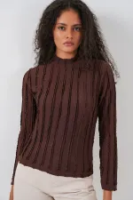 Kadın Dokulu Esnek Örme Bluz 975 - Kahverengi