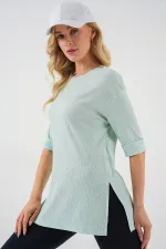 4332 Yanı Yırtmaçlı Örme Tişört - Mint