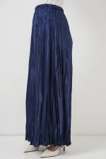 Women's Long Crinkle Shiny Skirt 8034 - Light Navy Blue