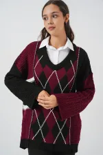 Kadın V Yaka Desenli Triko Kazak 15933 - Bordo