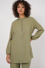 6678 Keten Tunik Pantolon İkili Takım - Çağla