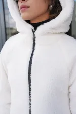 9132 Kapüşonlu Peluş Kaban - Krem