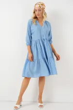 Kadın Düğmeli Kısa Kol Elbise 2559 - İndigo
