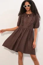 Women's Tie-Neck Short-Sleeve Ruched Dress 2600 - Brown