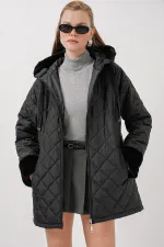 5197 Kapüşonlu Kapitone Mont - Siyah