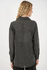 Kadın Tek Cepli Çizgili Oversize Gömlek 20375 - Siyah Kadın Tek Cepli Çizgili Oversize Gömlek 20375 - Siyah