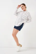 Kadın Çizgili Oversize Gömlek 20278 - B.Beyaz