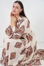 Kadın Desenli Uzun Tesettür Elbise 2585 - Ekru Kahve