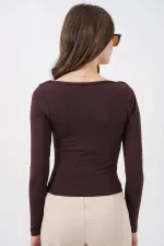 Kadın Kare Yaka Slim Fit Bluz 986 - Kahverengi