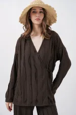 Kadın Örme Kimono Pantolon İkili Takım 30067 - Kahverengi