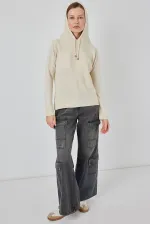 Kadın Kapüşonlu Triko Kazak 15941 - Ekru