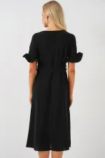 Women's Short Sleeve Buttoned Dress 2555 - Black