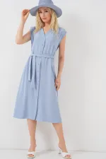 Kadın Sıfır Kol Kuşaklı Ayrobin Elbise 2568 - Mavi