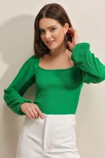 0465 Balloon Sleeve Knitted Blouse - Green