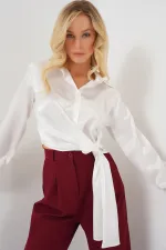 Kadın Bağlamalı Uzun Kol Saten Gömlek 20287 - Beyaz