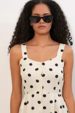 Women's Polka Dot Button-Front Strappy Midi Dress 2603 - Ecru