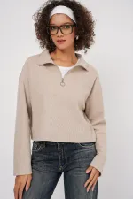 55449 Zippered Collar Knitted Sweatshirt - Cream