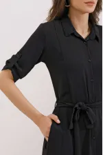 Kadın Siyah Kuşaklı Gömlek Elbise 2442