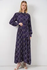 Kadın Boydan Düğmeli Uzun Tesettür Elbise 2588 - Mor