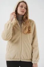 5091 Hooded Fur-Lined Coat with Lining - Biscuit