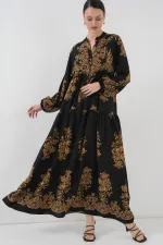 Black Gold Patterned Hijab Dress 2423