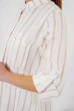 Kadın Uzun Kollu Çizgili Gömlek 20283 - Bej