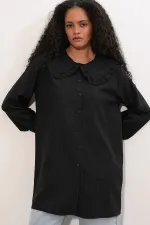Women's Wide Collar Ruffle Detail Striped Tunic Shirt 5993 - Black