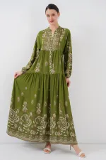 2423 Otantik Desenli Tesettür Elbise - D.Haki