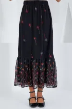 Jupe en mousseline à motifs noirs et orange pour femme 8010