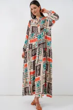 Kadın Desenli Uzun Tesettür Elbise 2585 - Koyu Kahve