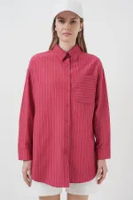 20217 Cep Detaylı Çizgili Oversize Gömlek - Kırmızı