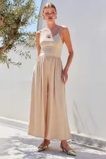 Combinaison pantalon à jambes larges et bretelles 7029 - Beige