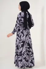 2145 Desenli Tesettür Elbise - D. Siyah