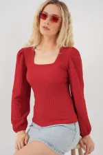 0442 Uzun Kollu Bluz - Kırmızı
