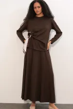 Women's Scarf Blouse and Skirt Two-Piece Set 8077 - Brown Women's Scarf Blouse and Skirt Two-Piece Set 8077 - Brown