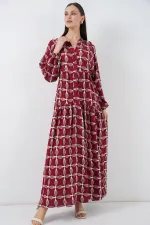 Kadın Desenli Uzun Tesettür Elbise 2585 - F.Bordo