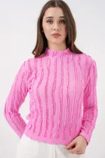 Kadın Dokulu Esnek Örme Bluz 975 - Pembe
