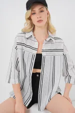Kadın Çizgili Kısa Kol Gömlek 20344 - Siyah - Taş