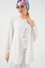 Kadın Önü Bağcıklı Tunik Pantolon İkili Takım 6744 - Beyaz