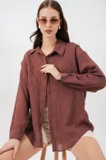 Kadın Uzun Oversize Gömlek 20320 - Kahverengi
