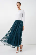 Jupe longue en tulle imprimé floqué pour femme 8070 - Pétrole