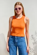 917 Bisiklet Yaka Fitilli Kolsuz Bluz - Turuncu