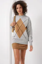 15895 Baklava Pattern Oversize Knit Sweater - Grey