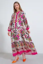 Robe hijab en viscose à motifs crème fuchsia pour femme 2423