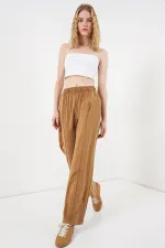 Women's Wide Leg Trousers with Elastic Waistband 30087 - Tan Women's Wide Leg Trousers with Elastic Waistband 30087 - Tan