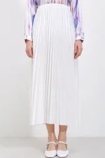 8009 Deri Görünümlü Piliseli Etek - Beyaz