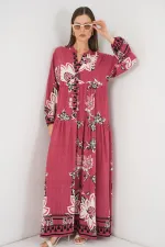 Kadın Desenli Uzun Tesettür Elbise 2585 - Gül Kurusu